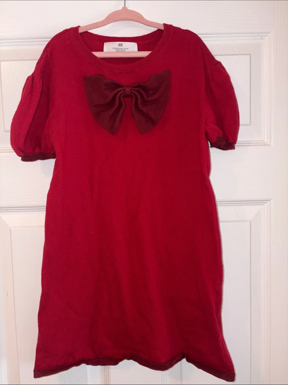 H&M Girls' Red Puff-Sleeve Dress with Bow Accent